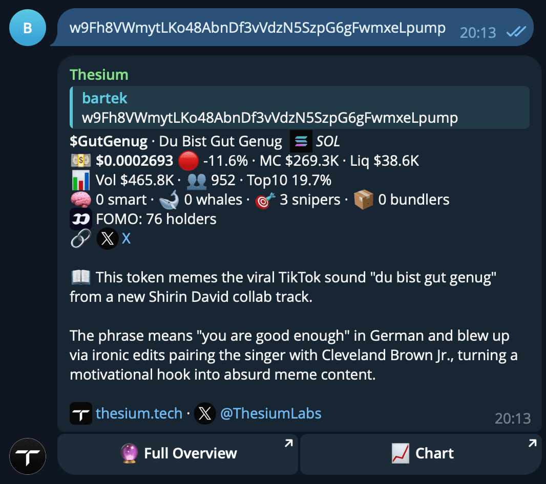 Thesium bot replying in Telegram with a token research card